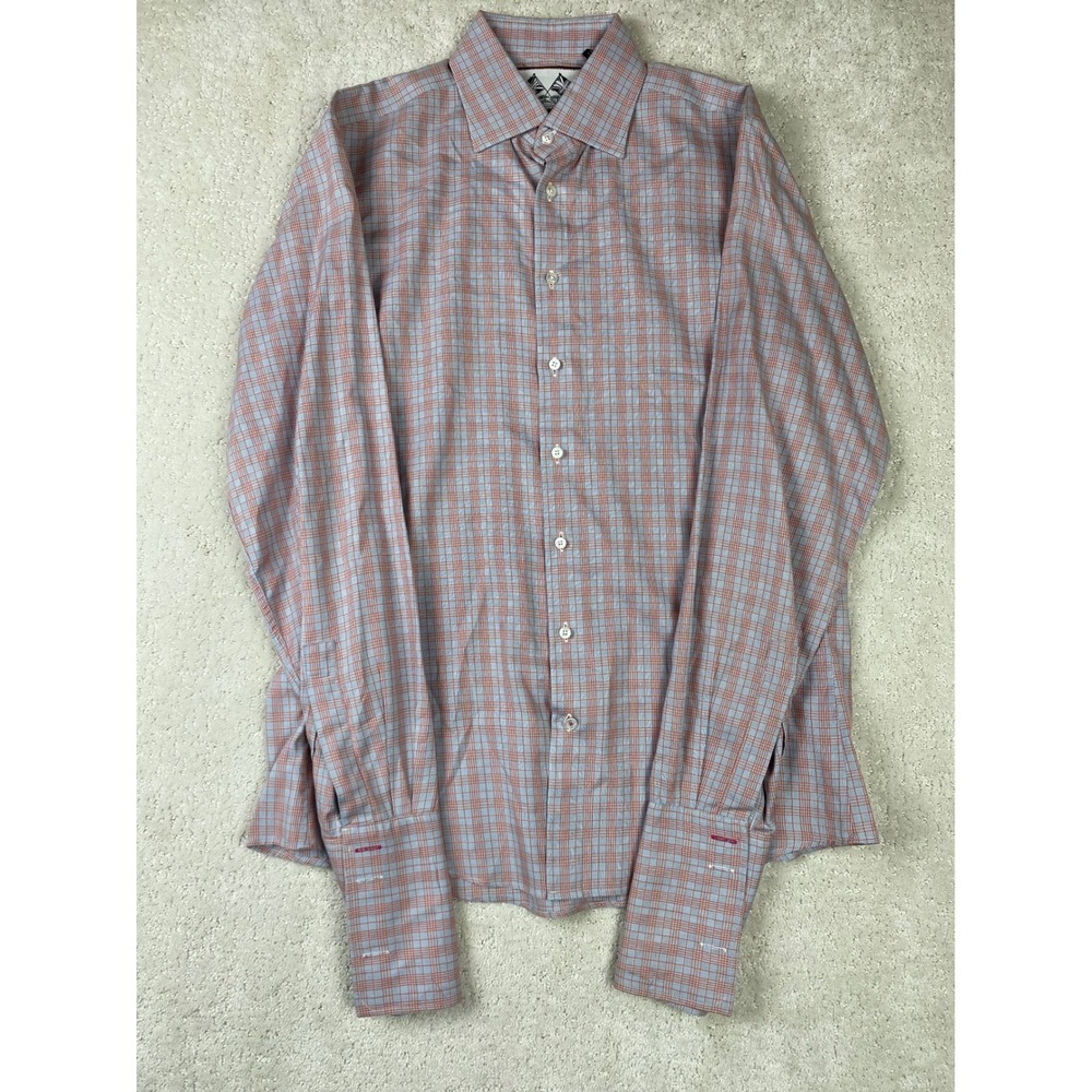 Thomas Pink Mens 15 Orange Blue Check Slim Fit French Cuff Cotton Dress Shirt - Picture 3 of 12